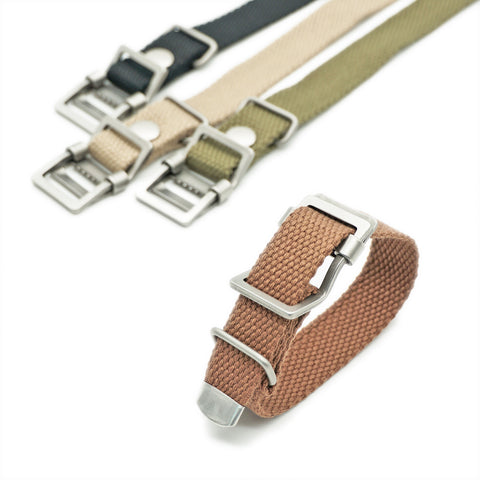 OGL WTC Utility Canvas Strap in cotton duck canvas showing brown option with brushed metal hardware for mechanical watches and everyday wear