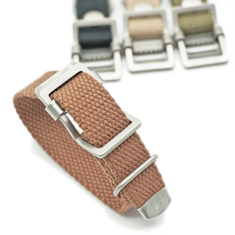 OGL WTC Utility Canvas Strap in cotton duck canvas showing brown option with brushed metal hardware close-up for mechanical watches and everyday wear