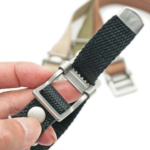 Black cotton duck canvas watch strap with minimal utility-inspired styling by Obbi Good Label showing lock-in system close-up