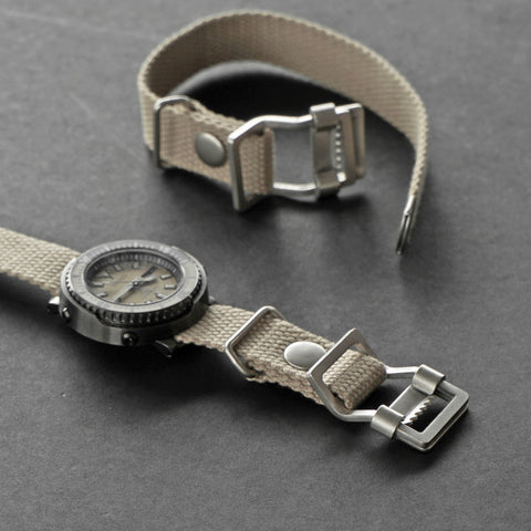 OGL WTC Utility Canvas Strap in cotton duck canvas showing natural colour on the wrist with a Seiko watch