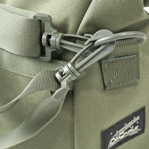 Showing hardware of OriGinaLe Origo Roll-Top Hobo Bag in olive abrasion-resistant technical canvas