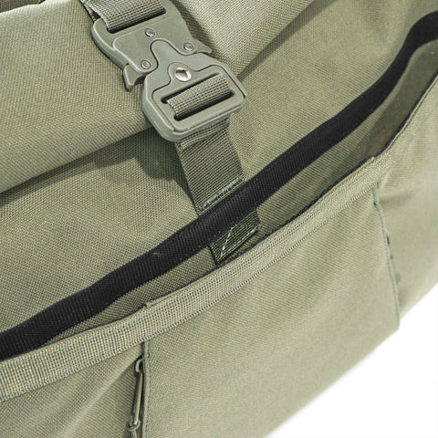Showing front pocket of OriGinaLe Origo Roll-Top Hobo Bag in olive abrasion-resistant technical canvas