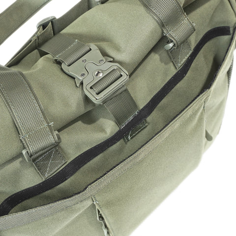 OriGinaLe Origo Roll-Top Tote Bag in olive technical canvas showing front pocket