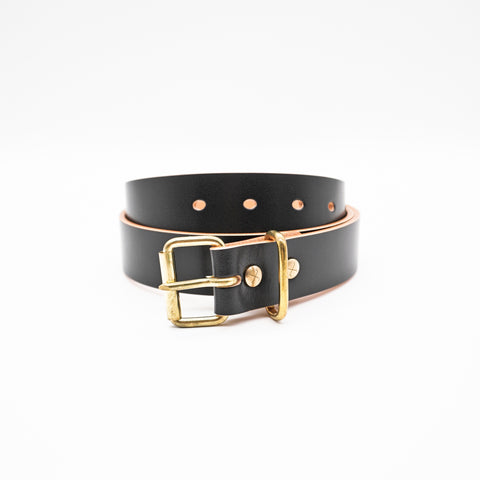 OGL Roller-Buckle Leather Belt Hand-Dyed Black handmade full-grain leather tea-core brass buckle