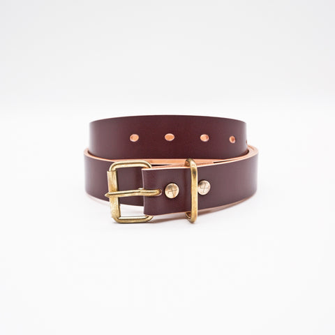 OGL Roller-Buckle Leather Belt Hand-Dyed Brown handmade full-grain leather tea-core solid brass buckle