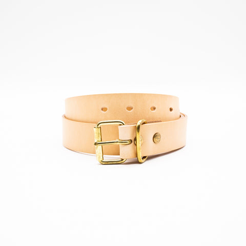 OGL Roller-Buckle Leather Belt Natural handmade full-grain leather tea-core finish solid brass roller buckle