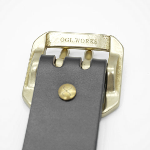 OGL Double-Prong Garrison Belt Full-Dyed Black handmade full-grain leather showing OGL WORKS solid brass double-prong buckle