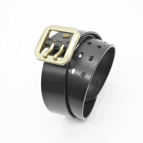 OGL Double-Prong Garrison Belt Full-Dyed Black handmade full-grain leather solid brass double-prong buckle