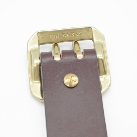 OGL Double-Prong Garrison Belt Full Tan handmade full-grain leather showing OGL Works solid brass double-prong buckle