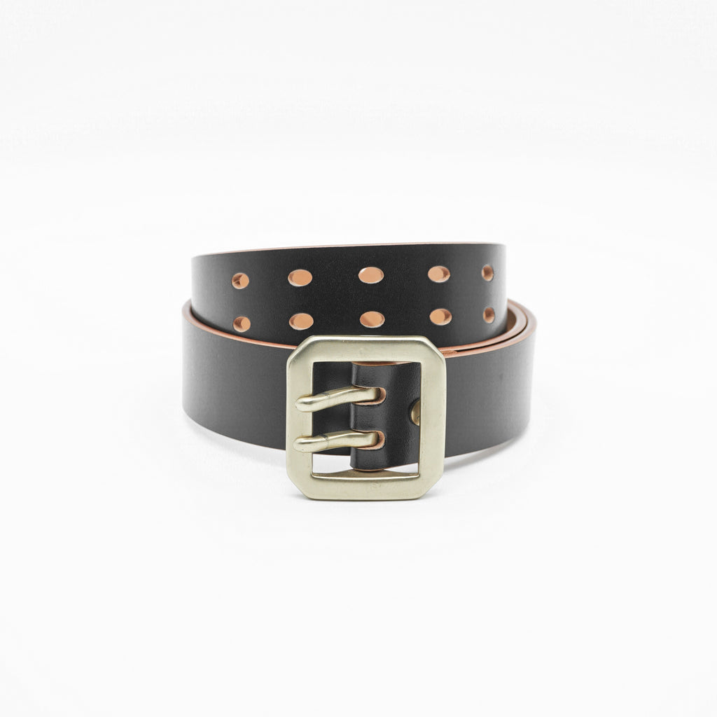 Double Prong Brass Garrison Buckle Leather Belt - Hand-Dyed Black