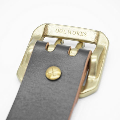 OGL Double-Prong Garrison Belt Hand-Dyed Black handmade full-grain leather showing OGL Works solid brass double-prong buckle