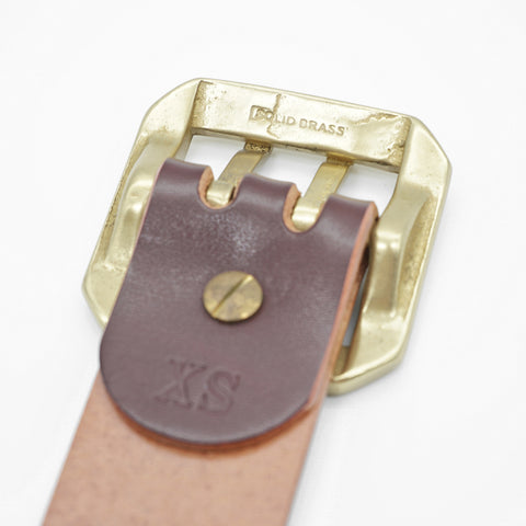 OGL Double-Prong Garrison Belt Hand-Dyed Brown handmade full-grain leather showing solid brass buckle tea-core