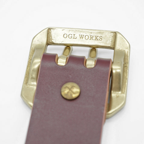 OGL Double-Prong Garrison Belt Hand-Dyed Brown handmade full-grain leather showing OGL Works solid brass buckle tea-core