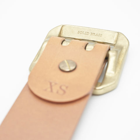 OGL Double-Prong Garrison Belt Natural handmade full-grain leather showing solid brass double-prong buckle