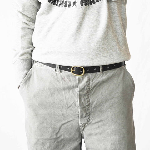 Model wearing OGL Obbies Dress Leather Belt Full Black solid brass buckle, Full-Grain Leather, formal, office belt