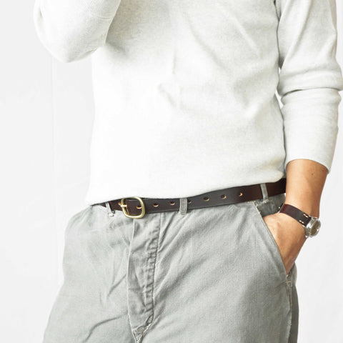 Model wearing OGL Obbies Dress Leather Belt Full Brown solid brass buckle, Full-Grain Leather, formal, office wear