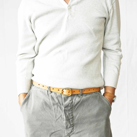 Model wearing OGL Obbies Leather Belt Natural solid brass buckle, Full-Grain Leather