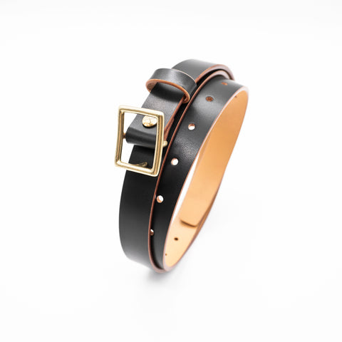 OGL Obbies Square Buckle Leather Belt Hand-Dyed Black handmade full-grain tea-core leather brass buckle