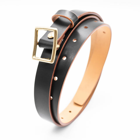 OGL Obbies Square Buckle Leather Belt Hand-Dyed Black handmade full-grain tea-core leather brass buckle