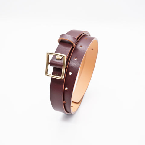 OGL Obbies Square Buckle Leather Belt Hand-Dyed Brown handmade full-grain tea-core leather brass buckle