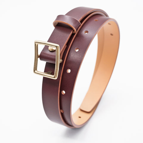 OGL Obbies Square Buckle Leather Belt Hand-Dyed Brown handmade full-grain tea-core leather brass buckle