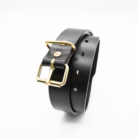 OGL Roller-Buckle Leather Belt Full-Dyed Black handmade full-grain leather brass buckle