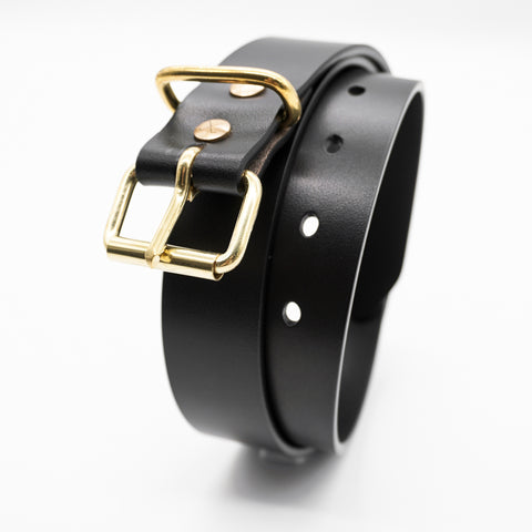 OGL Roller-Buckle Leather Belt Full-Dyed Black handmade full-grain leather brass buckle