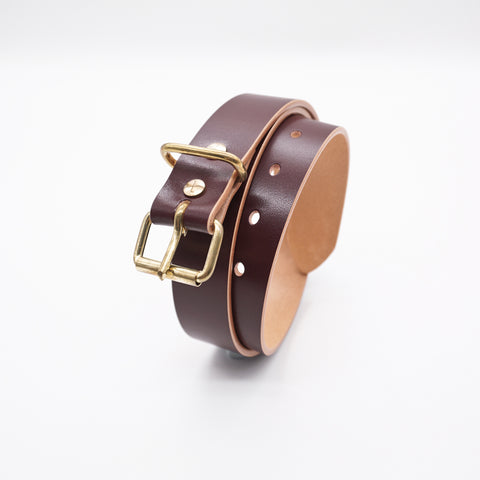 OGL Roller-Buckle Leather Belt Hand-Dyed Brown handmade full-grain leather tea-core solid brass buckle