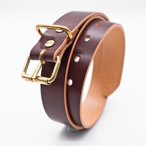 OGL Roller-Buckle Leather Belt Hand-Dyed Brown handmade full-grain leather tea-core solid brass buckle