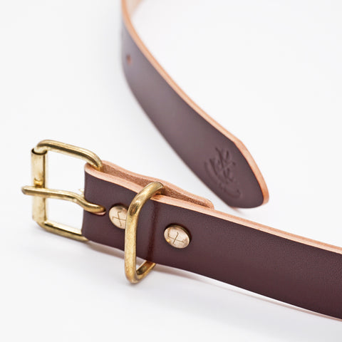 OGL Roller-Buckle Leather Belt Hand-Dyed Brown handmade full-grain leather tea-core solid brass buckle