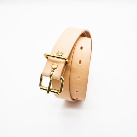 OGL Roller-Buckle Leather Belt Natural handmade full-grain leather tea-core finish solid brass roller buckle