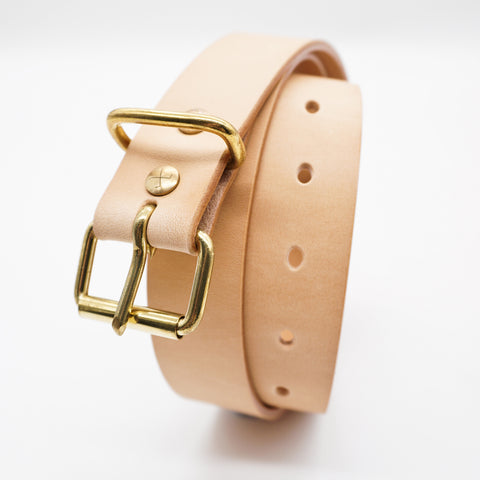 OGL Roller-Buckle Leather Belt Natural handmade full-grain leather tea-core finish solid brass roller buckle