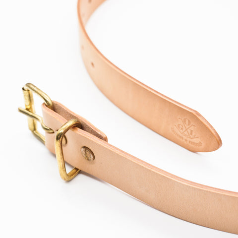 OGL Roller-Buckle Leather Belt Natural handmade full-grain leather tea-core finish solid brass roller buckle