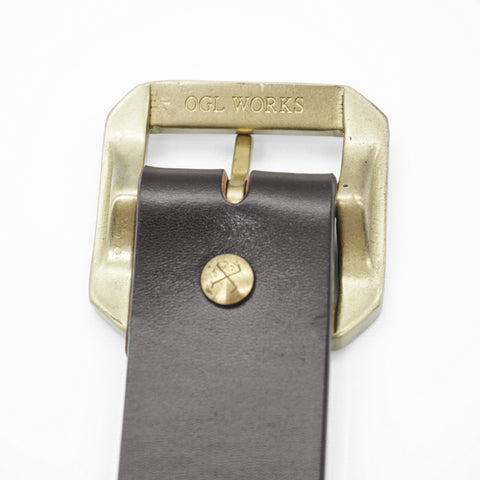OGL Single-Prong Garrison Leather Belt Full Brown showing OGL Works solid brass buckle, Durable Craftsmanship