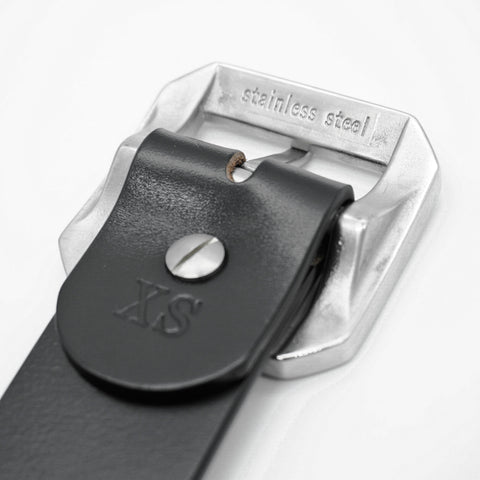 OGL Single-Prong Garrison Leather Belt Full-Dyed Black, Sleek Design showing thick stainless steel buckle