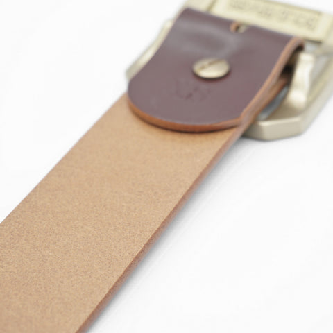 OGL Single-Prong Garrison Leather Belt Hand-Dyed Brown with solid brass buckle, Unique Patina