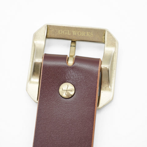 OGL Single-Prong Garrison Leather Belt Hand-Dyed Brown showing OGL Works solid brass buckle, Unique Patina