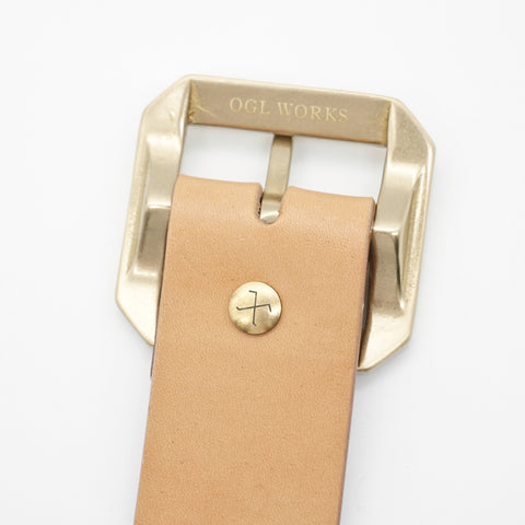 OGL Single-Prong Garrison Leather Belt Natural – Full-Grain Leather showing OGL Works solid brass buckle