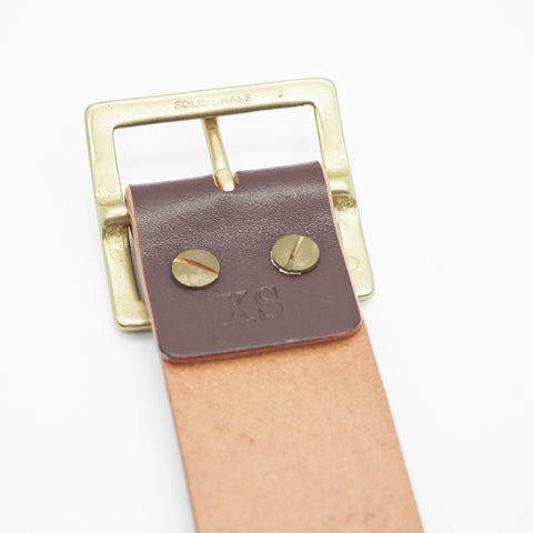 OGL Vintage 1.75 Leather Belt Hand-Dyed Brown handmade full-grain leather showing vintage wide solid brass buckle