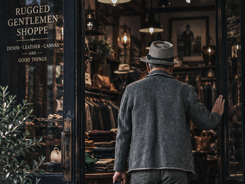 Mr. Classic wearing salt and pepper trousers and black leather Derby shoes, entering Rugged Gentlemen Shoppe with an OGL black leather briefcase.