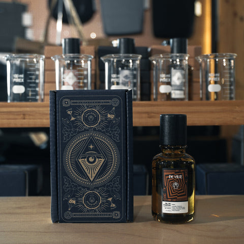 Bottle of Deville Oil de Parfum featuring cherry, leather and vanilla notes, available in Singapore & Worldwide.