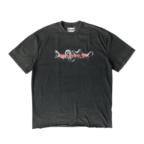 HGS Snake Boxy T-Shirt Washed Black graphic front view, vintage tattoo-inspired tee by Heritage General Store