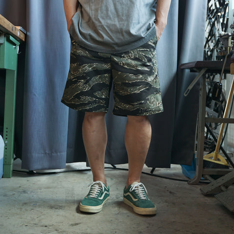 HGS Tiger Camouflage Shorts model wearing front view in Rugged Gentlemen Shoppe Singapore, rugged outdoor shorts by Heritage General Store