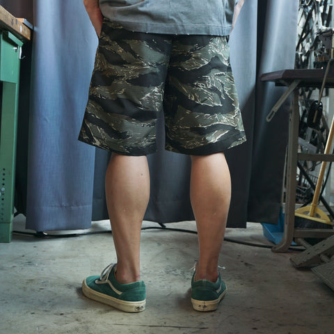 HGS Tiger Camouflage Shorts model wearing back view in Rugged Gentlemen Shoppe Singapore, rugged outdoor shorts by Heritage General Store