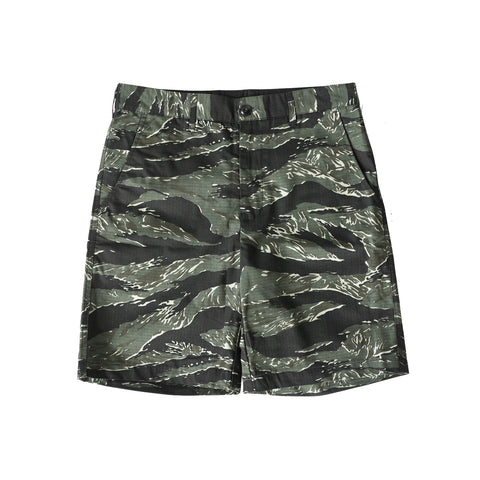 HGS Tiger Camouflage Shorts front view, rugged outdoor shorts by Heritage General Store