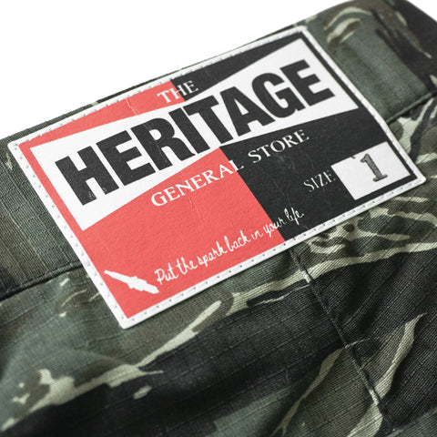 HGS Tiger Camouflage Shorts label patch view, rugged outdoor shorts by Heritage General Store