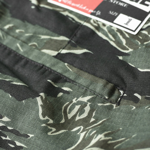 HGS Tiger Camouflage Shorts back pocket stitching details view, rugged outdoor shorts by Heritage General Store