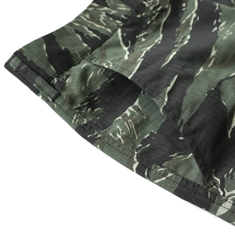 HGS Tiger Camouflage Shorts front pocket view, rugged outdoor shorts by Heritage General Store