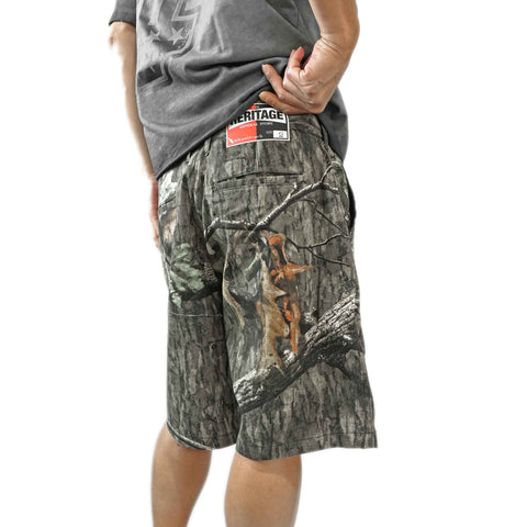 HGS Woodland Utility Shorts vintage woodland camouflage relaxed fit shorts on model showing back patch
