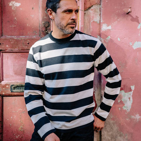 7.5oz Cotton Long-Sleeved Crew Neck Border Tee IHTB09-BLK - Black and White Stripes